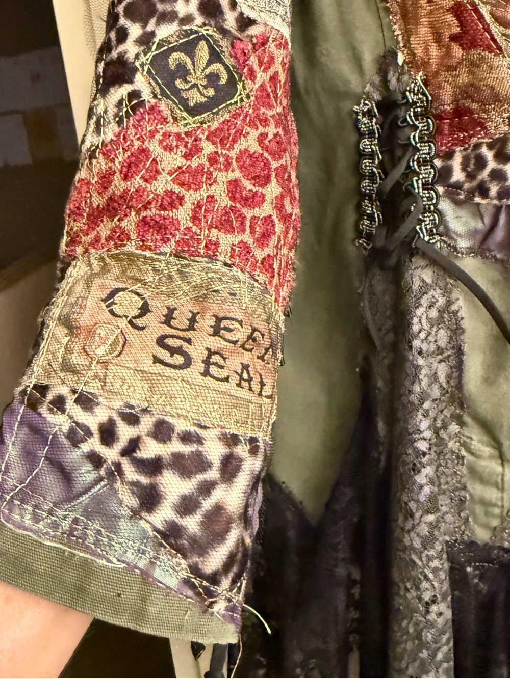 Hand Crafted Olive Green Patchwork Military Jacket with Lace Panels - Picture 4 of 10